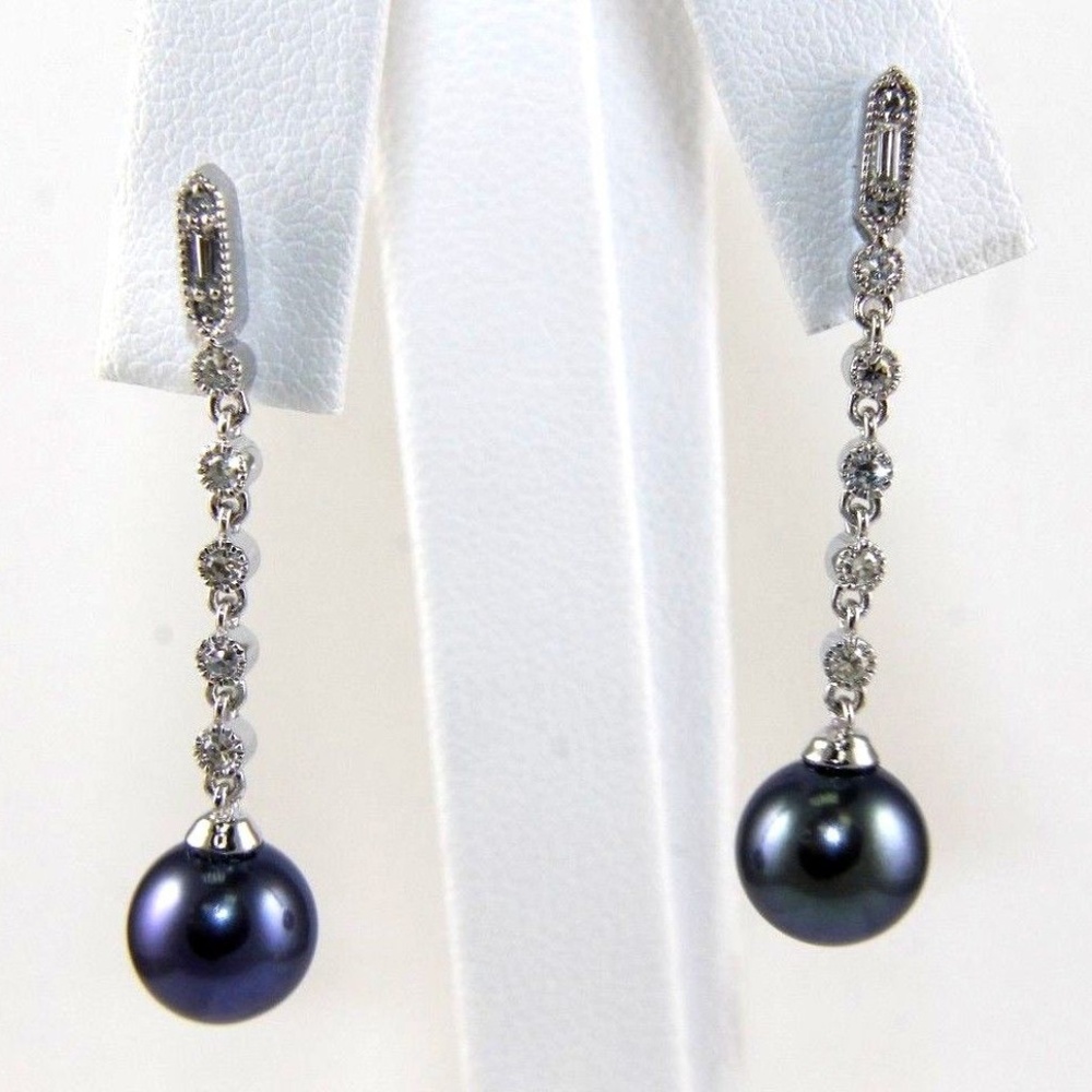Black Pearl & Diamond Earrings 14k WG 9mm .30Ct